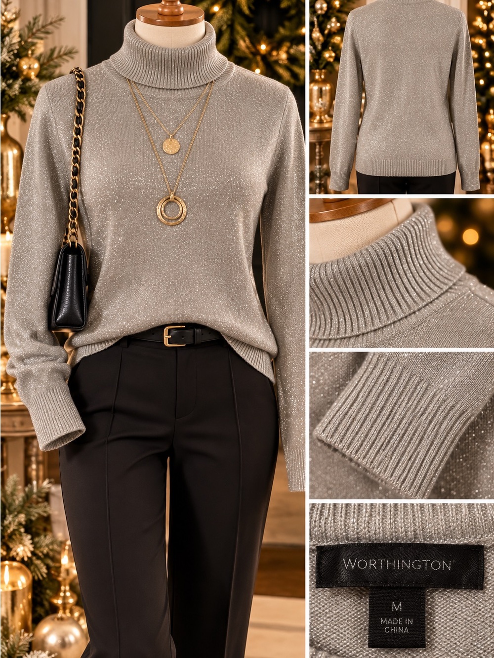 Worthington Women’s M Silver Metallic Shimmer Turtleneck Sweater Long Sleeve